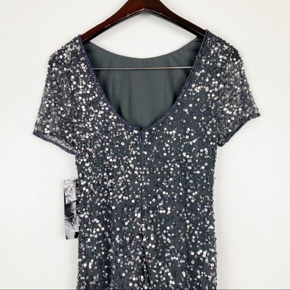 Pisarro Nights Beaded Short Sleeve Maxi Dress Evening Gown Gray Size 2 NWT - Picture 5 of 9